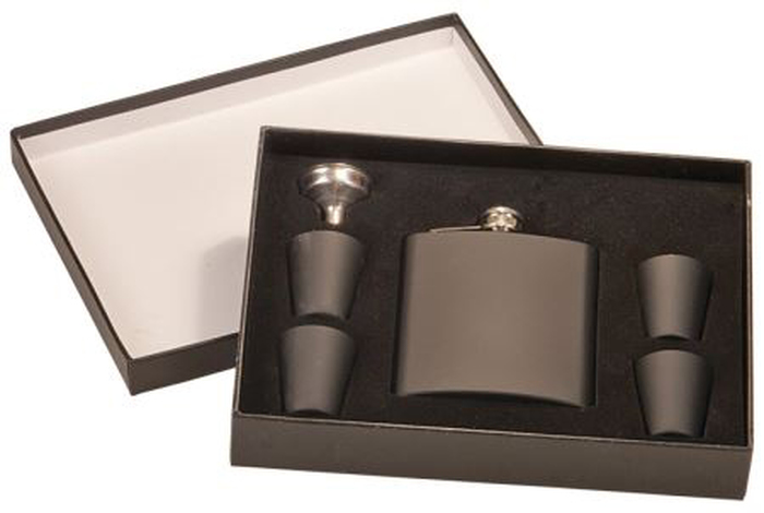 Black Matte Finish Stainless Engraved Flask 6 oz with Funnel and Shot GLASSES in Gift Box