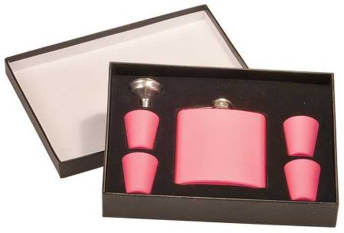 Pink Matte Finish Stainless Engraved Flask 6 oz with Funnel and Shot GLASSES in Gift Box