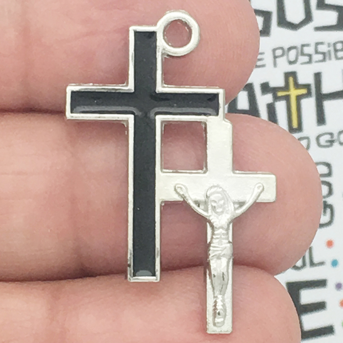 Crucifix Cross CHARM in Pewter with Black Enamel