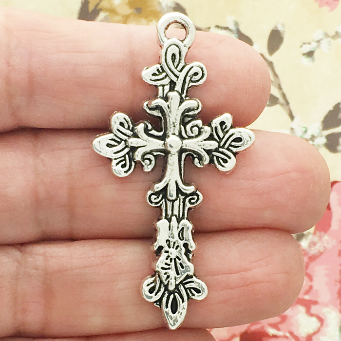 Silver Cross PENDANT with Leaf Design in Pewter