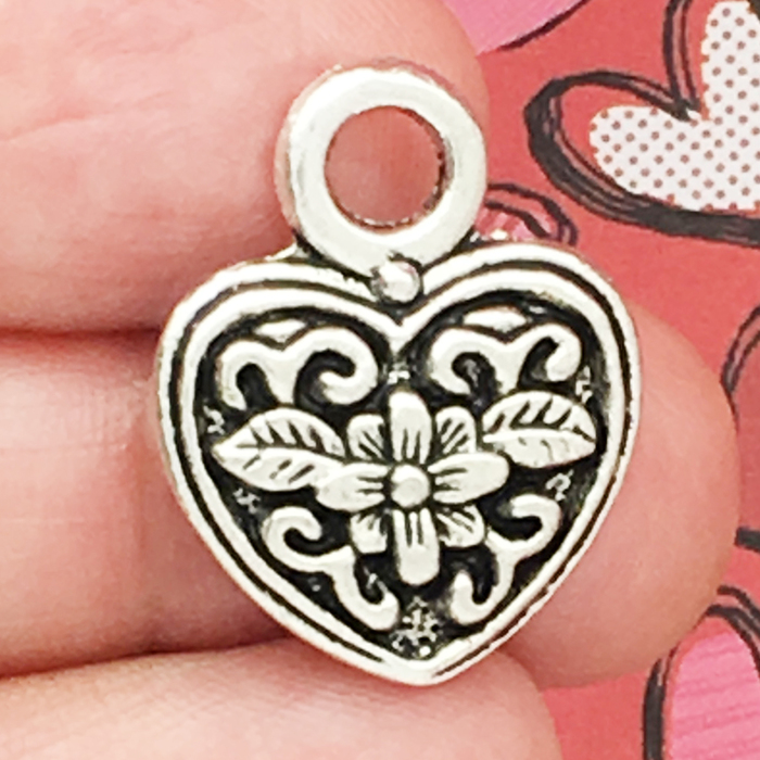 Silver Heart Charm Pendant with FLOWER Design in Pewter