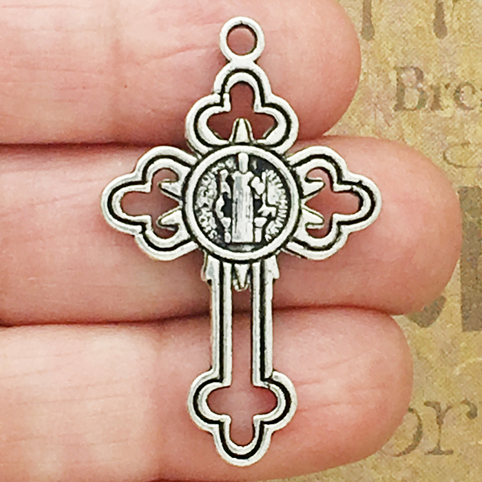 SAINT Benedict Cross Charm with Double Sided Design in Antique Silver Pewter