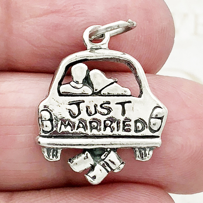 Just Married WEDDING Charm Antique Silver Pewter