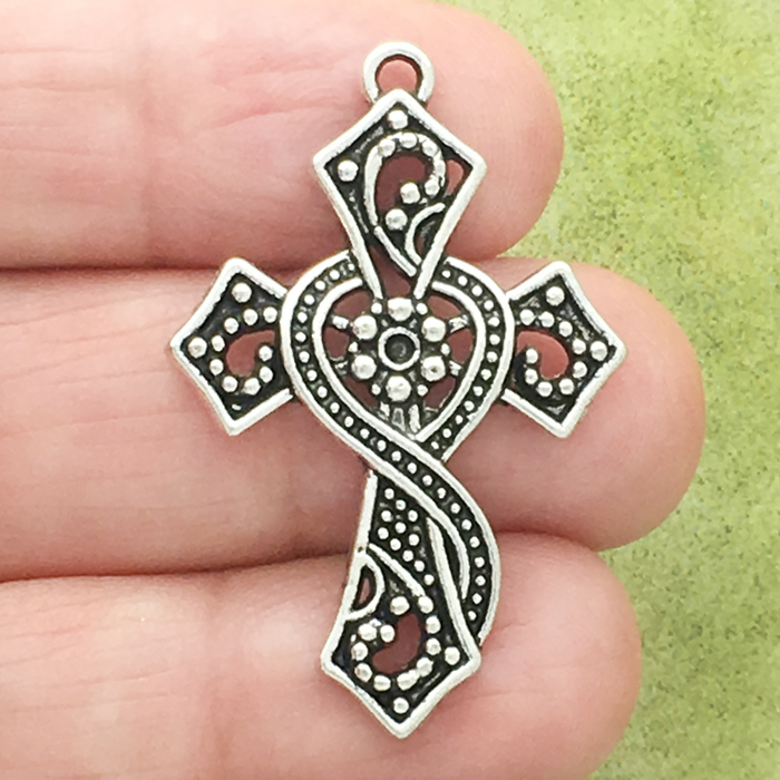 DIAMOND Filigree Cross Charm in Antique Silver Pewter