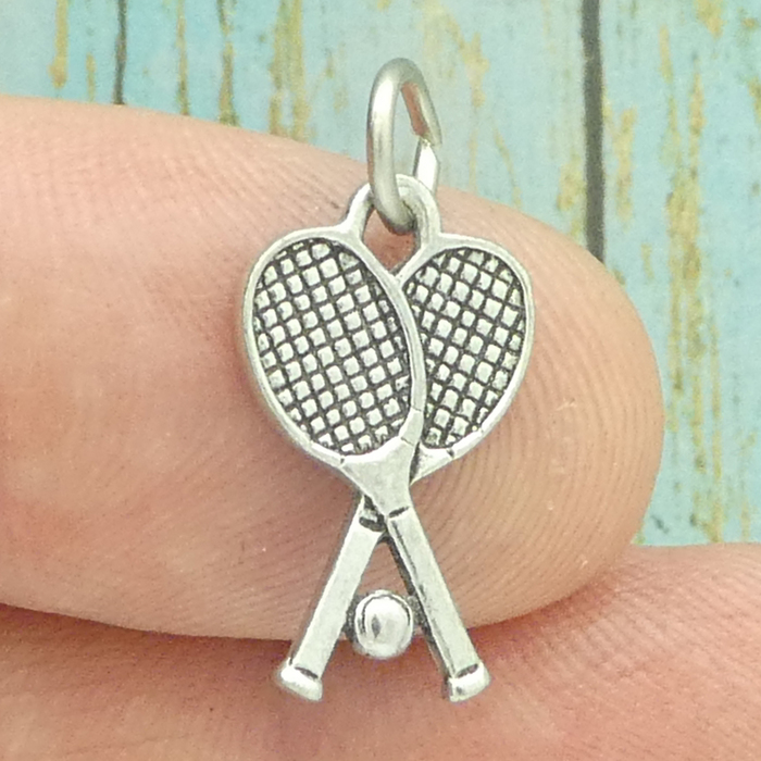 Crossed TENNIS RACKET Charm Silver Pewter