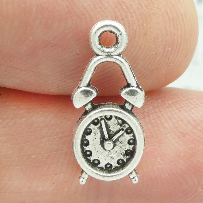 Alarm CLOCK Charm in Silver Pewter