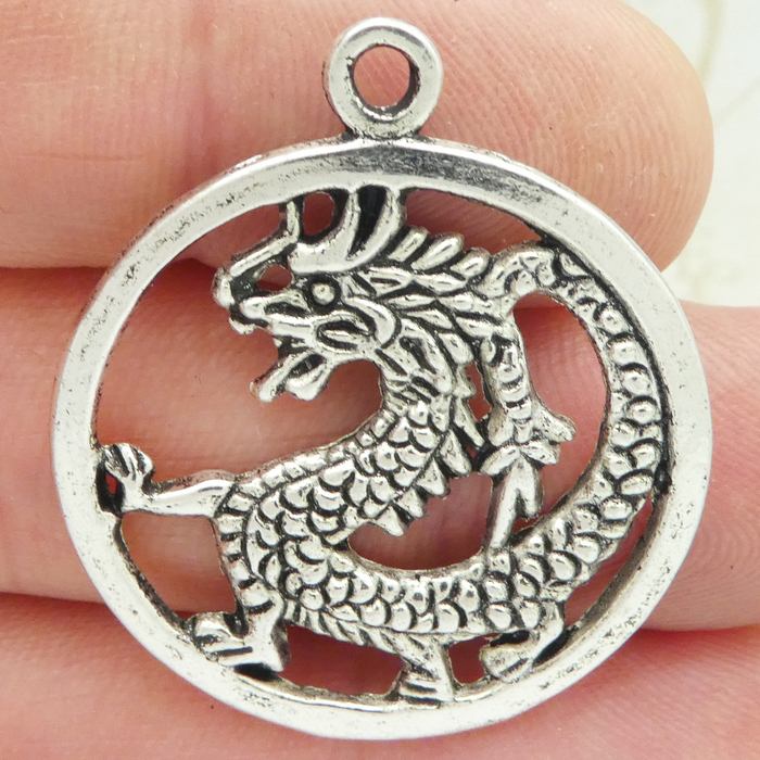 Silver DRAGON Pendant Disk in Antique Pewter Medium