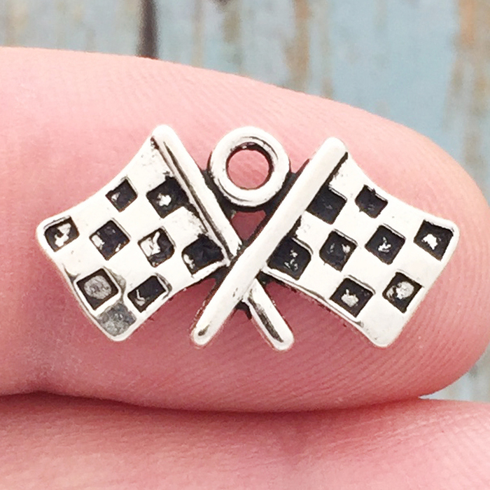 Checkered FLAG Charms Wholesale in Antique Silver Pewter