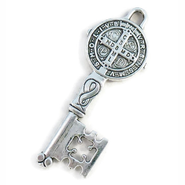 St Benedict Medal Key Pendant in Silver Pewter Medium » Catholic Charms