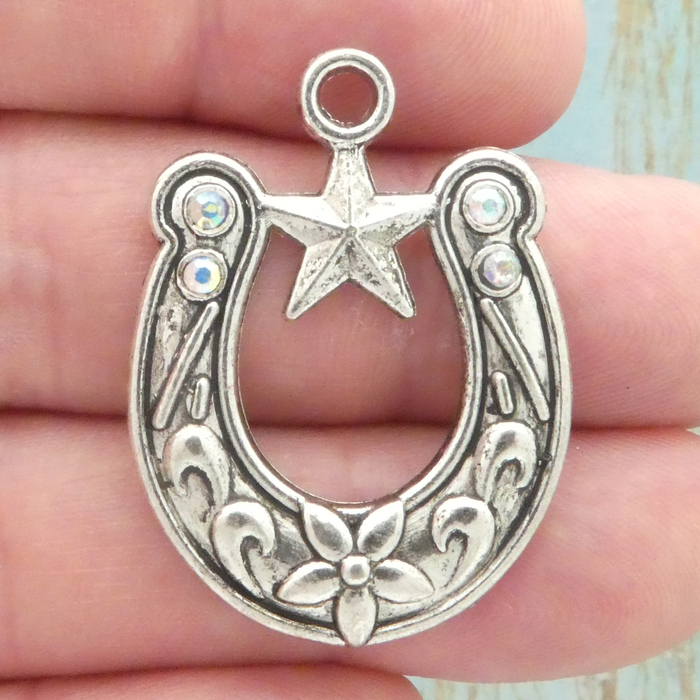 Ornate Horseshoe Charms Bulk Silver Pewter with Crystal » Good Luck Charm