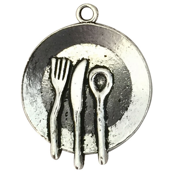 Silver Dinner Plate Charm with KNIFE Spoon Fork in Pewter