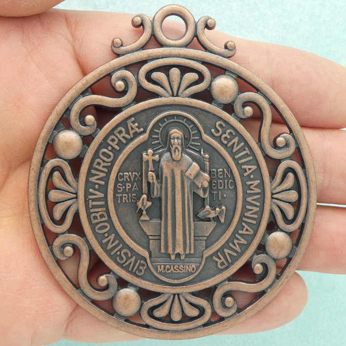 Ornate St Benedict Medal DOOR Ornament Copper Pewter Large