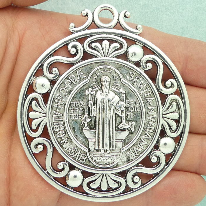 Ornate St Benedict Medal DOOR Ornament Silver Pewter Large