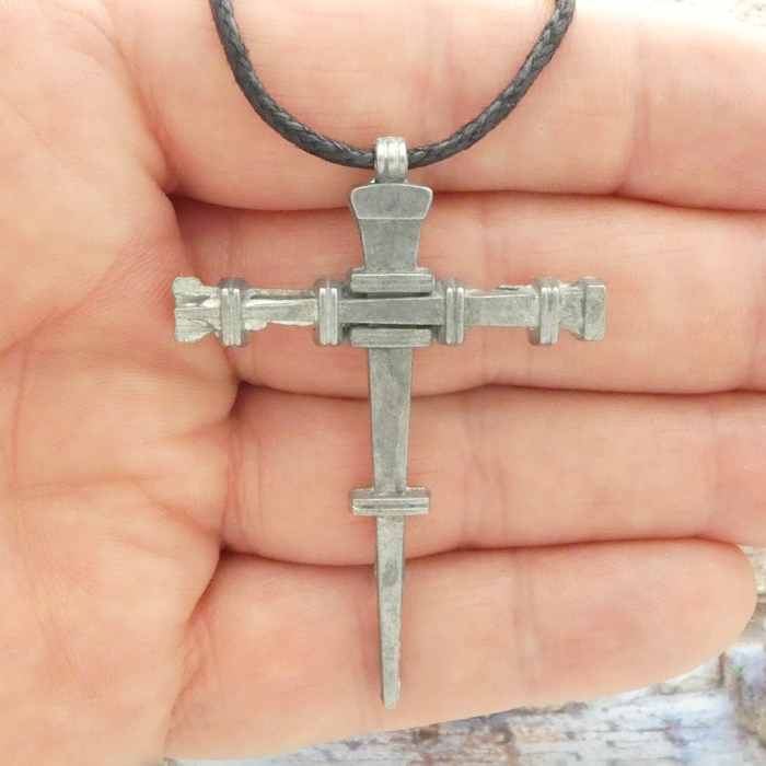 Madonna Pendant with Crystal DANGLE and Tiny Crucifix on Curb Chain in Antique Silver Pewter