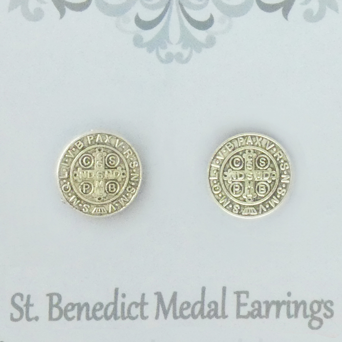 St Benedict Medal EARRINGS in Silver Pewter