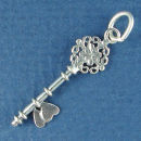 Key with Two Hearts and Filagree Design 3D Sterling Silver Charm Pendant love