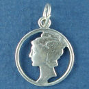 Mercury Head Dime Sterling Silver Charm 3D Pendant