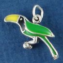 Tropical Bird with Black, Green and Yellow Enamel Accents 3D Sterling Silver Charm Pendant