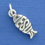 Religious Christian Fish Ichthus with Word Phrase Jesus Sterling Silver Charm Pendant