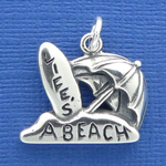 Life's A Beach Word Phrase with Surfboard and Umbrella Charm Sterling Silver Pendant