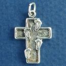 Religious Indented Cross with Foot Prints 3D Sterling Silver Charm Pendant