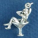 Sexy Woman in Champagne Glass 3D Sterling Silver Charm Pendant
