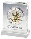 Crystal Rectangle Shaped Mantle Trophy Clock with Gold Tone Exposed Movement on Rectangle Base, Clock Comes in a Custom Wood Box