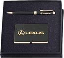 Impella Line Twist Action Ballpoint Pen and Business Card Case in Gold Tone with Black Finish Gift Set in Black Presentation Box, Laser Engraved 25 piece minimum order.