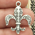 Fleur de Lis Charms for Jewelry Making in Antique Silver Pewter with Scroll Accents