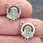 Our Lady Rosary Center with Sacred Heart of Jesus in Silver Pewter