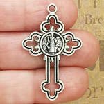 Saint Benedict Cross Charm with Double Sided Design in Antique Silver Pewter