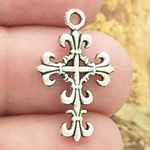 Cross Charm Pendant Small with Fleur De Lis Design in Antique Silver Pewter