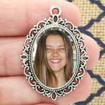 Filigree Oval Photo Charm in Antique Silver Pewter Picture Charm