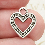Heart Charm Pendant with Bead Accents Antique Silver Pewter Tiny