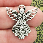 Angel Charm in Antique Silver Pewter with Ornate Dress
