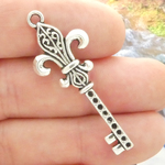 Key Charm in Antique Silver Pewter with Fleur De Lis Charm Design