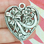 Flower Heart Charm Pendant Silver Pewter