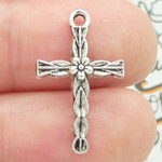 Cross Charm with Flower Accent in Antique Silver Pewter