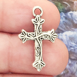 Cross Charm with Vine Pattern in Antique Silver Pewter