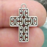Cross Charm with Scroll Accents in Antique Silver Pewter