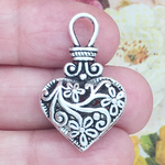 Double Sided Filigree Heart Charm Pendant Antique Silver Pewter with Flower Design