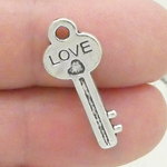 Key Charm in Antique Silver Pewter with Love