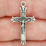 Crucifix Cross Charm in Antique Silver Pewter with Sun Ray Accents