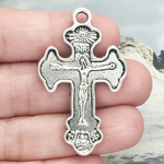 Crucifix Cross Charm in Antique Silver Pewter Medium with Sun Ray Accents