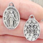 Mother Mary Christian Religious Charm Miraculous Medal in Antique Silver Pewter