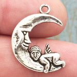 Crescent Moon Charm with Angel in Antique Silver Pewter