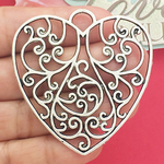 Filigree Heart Pendants Wholesale in Silver Pewter Large