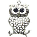 Antique Silver Owl Pendant Pewter with Black Crystal Eyes