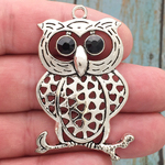 Antique Silver Owl Pendant Pewter with Black Crystal Eyes