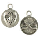 Disk with Mask Hockey Charm in Antique Silver Pewter